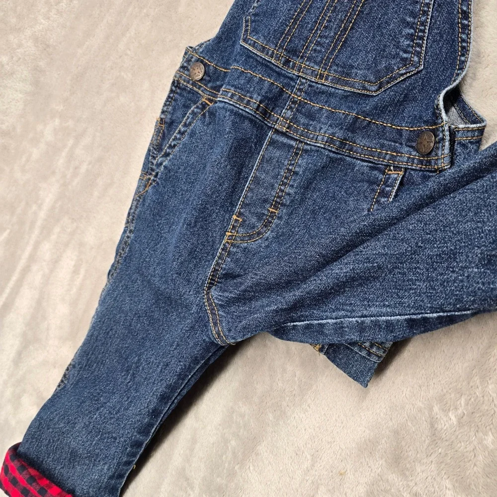 OshKosh B'gosh Overalls Toddler 3T Blue Denim Red Buffalo Plaid Lined Farm